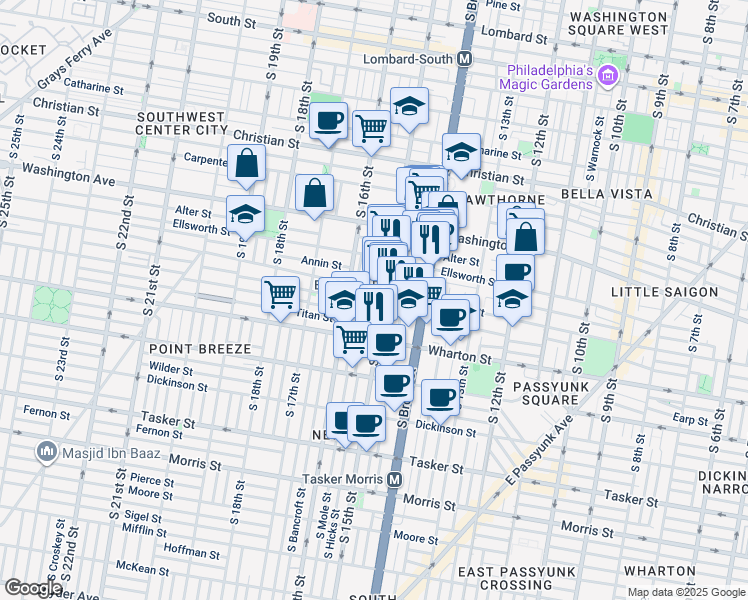 map of restaurants, bars, coffee shops, grocery stores, and more near 1505 Manton Street in Philadelphia