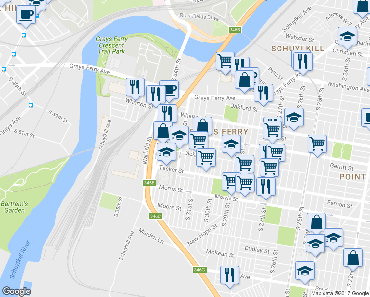 map of restaurants, bars, coffee shops, grocery stores, and more near 1438 South Patton Street in Philadelphia