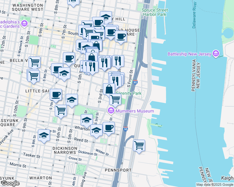 map of restaurants, bars, coffee shops, grocery stores, and more near 905 South 2nd Street in Philadelphia