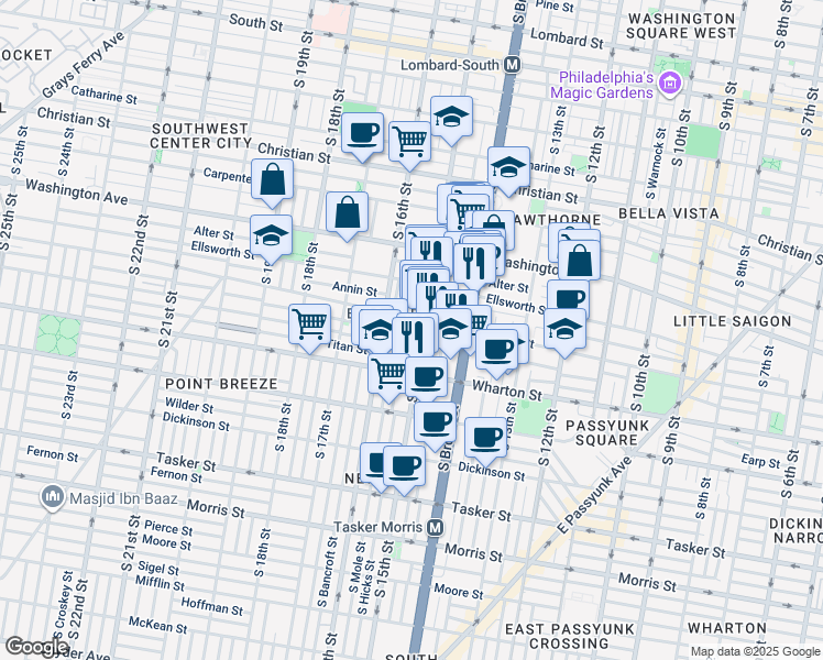map of restaurants, bars, coffee shops, grocery stores, and more near 1505 Manton Street in Philadelphia