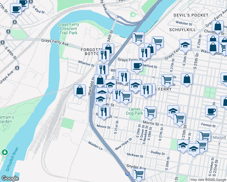 map of restaurants, bars, coffee shops, grocery stores, and more near 1438 South Patton Street in Philadelphia