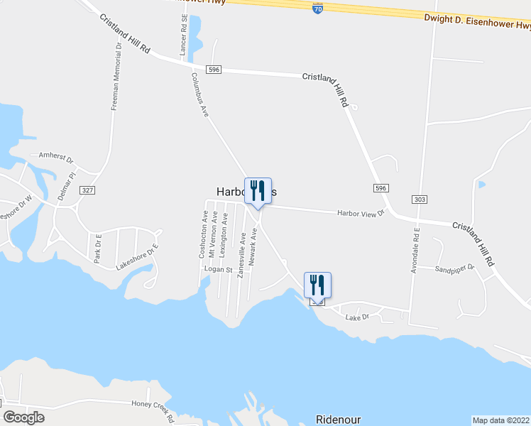 map of restaurants, bars, coffee shops, grocery stores, and more near 369 Harbor View Drive in Thornville