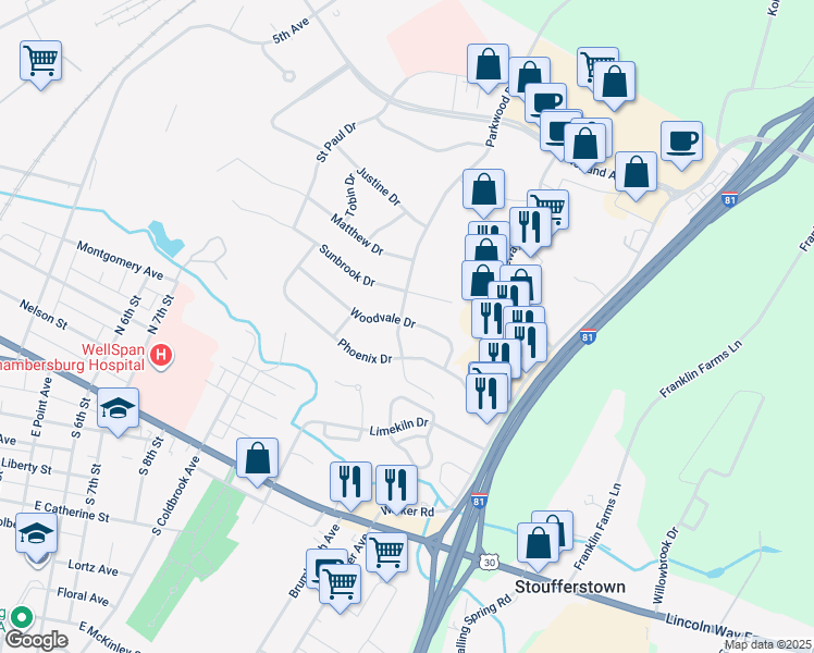 map of restaurants, bars, coffee shops, grocery stores, and more near 308 Woodvale Drive in Chambersburg