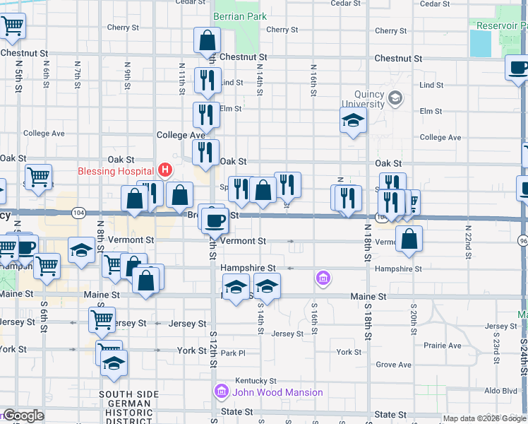 map of restaurants, bars, coffee shops, grocery stores, and more near 1401 Broadway St in Quincy
