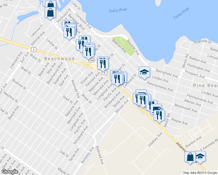map of restaurants, bars, coffee shops, grocery stores, and more near 129 Longboat Avenue in Beachwood