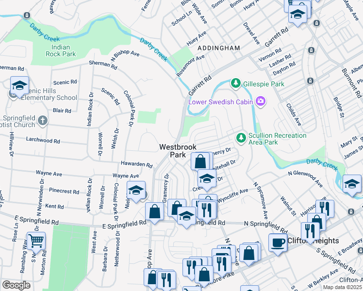 map of restaurants, bars, coffee shops, grocery stores, and more near 5254 Palmer Mill Road in Clifton Heights
