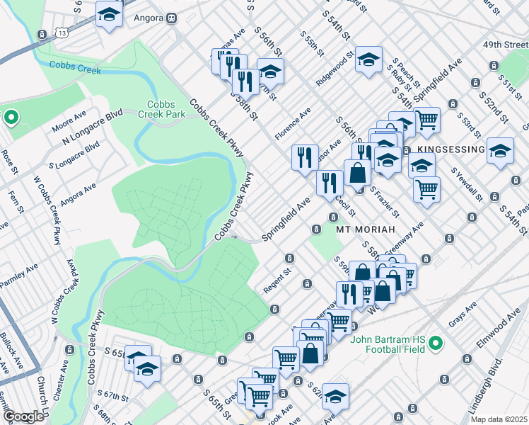 map of restaurants, bars, coffee shops, grocery stores, and more near 5938 Windsor Street in Philadelphia