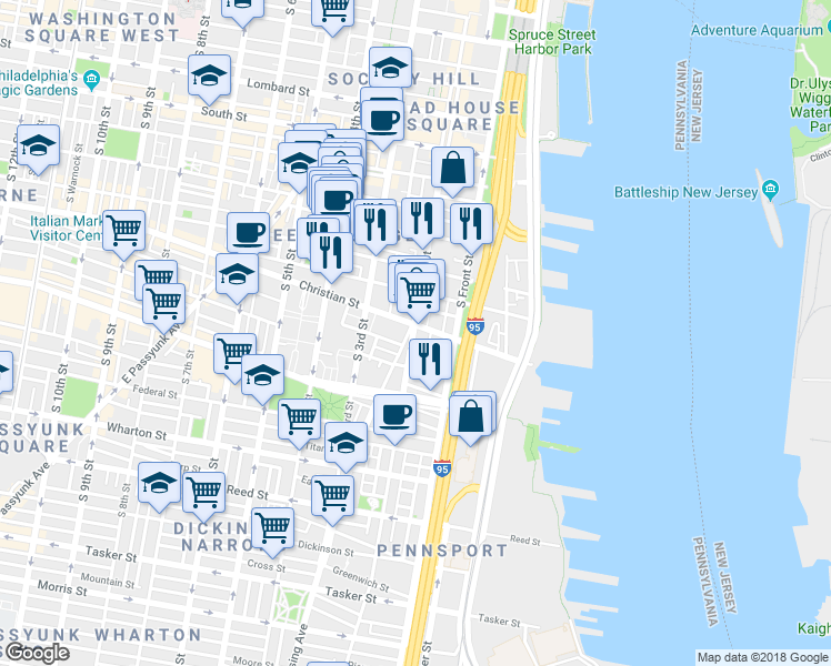 map of restaurants, bars, coffee shops, grocery stores, and more near 905 South 2nd Street in Philadelphia