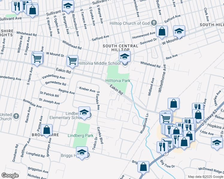 map of restaurants, bars, coffee shops, grocery stores, and more near 2413 Eakin Road in Columbus