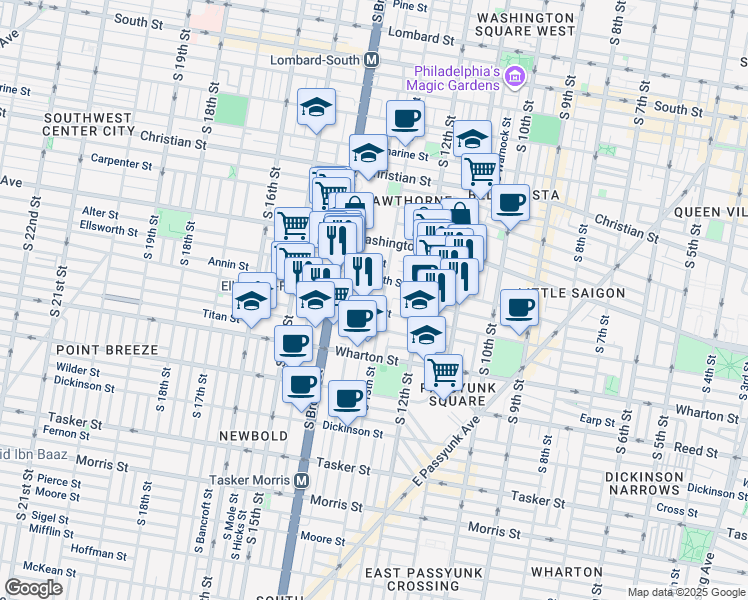 map of restaurants, bars, coffee shops, grocery stores, and more near 1159 South Clarion Street in Philadelphia