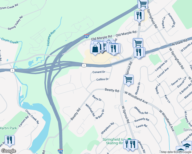 map of restaurants, bars, coffee shops, grocery stores, and more near 450 Collins Drive in Springfield