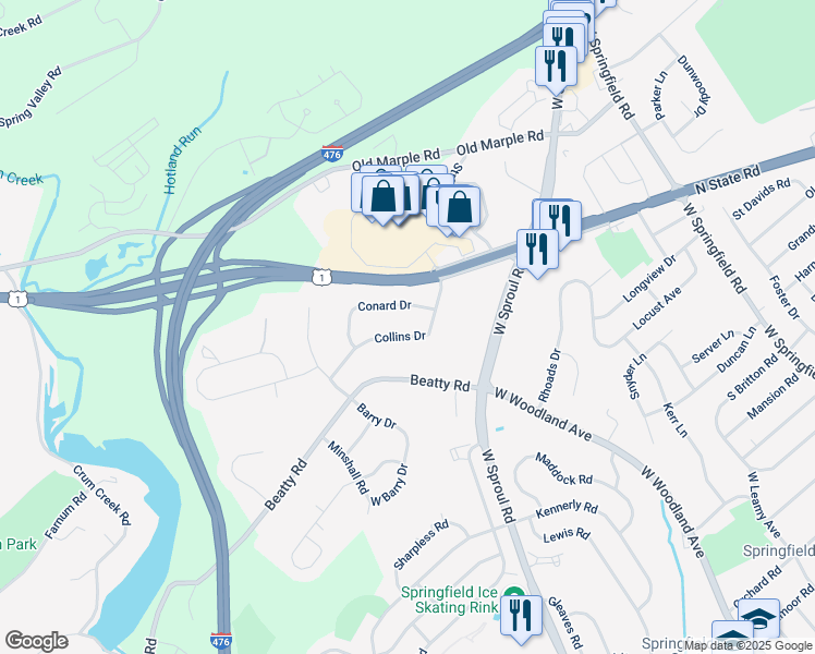 map of restaurants, bars, coffee shops, grocery stores, and more near 420 Collins Drive in Springfield