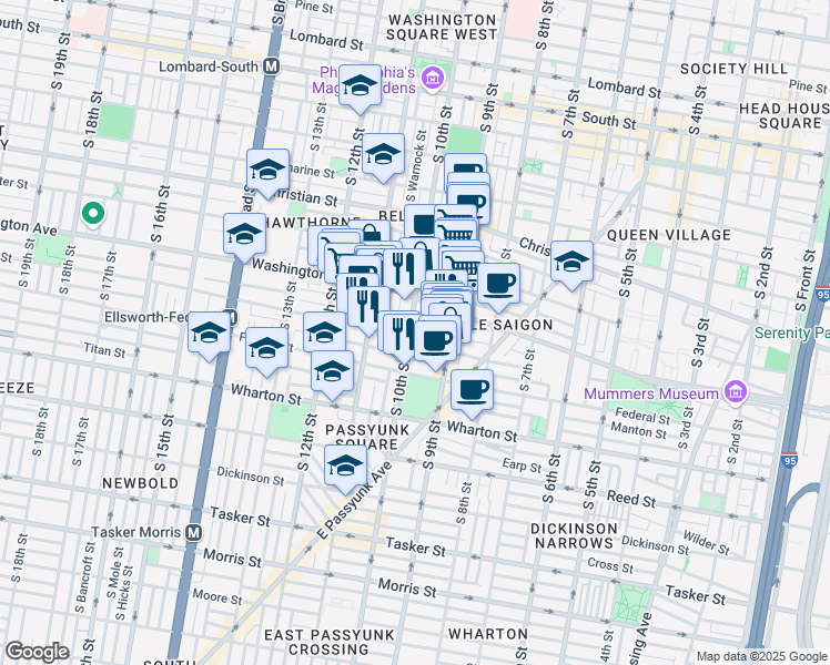map of restaurants, bars, coffee shops, grocery stores, and more near 1141 South 10th Street in Philadelphia