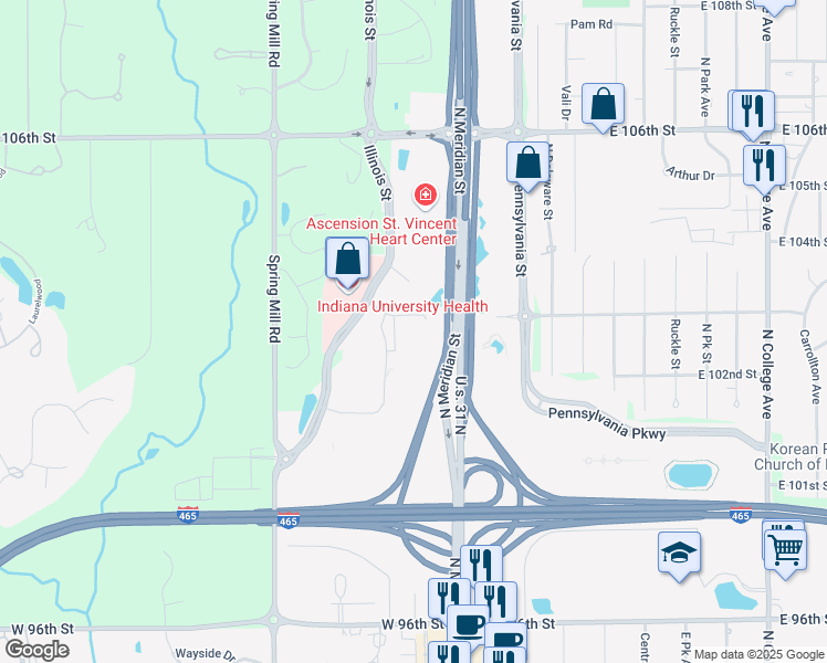 map of restaurants, bars, coffee shops, grocery stores, and more near 10290 North Meridian Street in Indianapolis