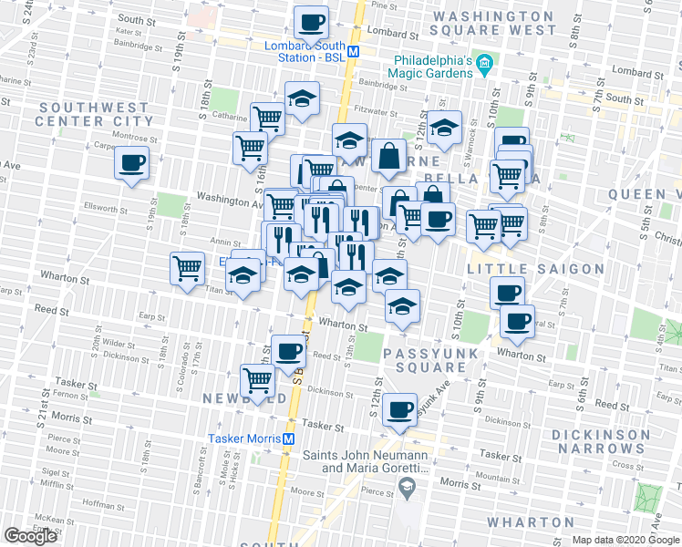 map of restaurants, bars, coffee shops, grocery stores, and more near in Philadelphia