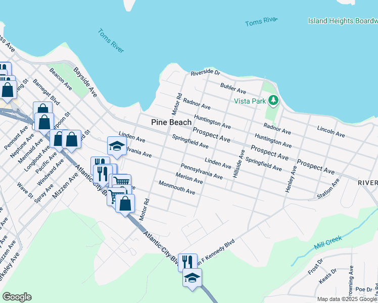 map of restaurants, bars, coffee shops, grocery stores, and more near 400 Linden Avenue in Pine Beach
