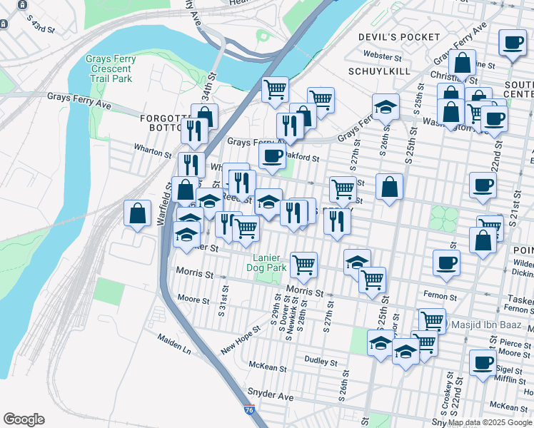 map of restaurants, bars, coffee shops, grocery stores, and more near 2954 Gerritt Street in Philadelphia
