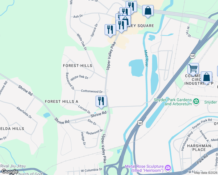 map of restaurants, bars, coffee shops, grocery stores, and more near 560 Upper Valley Pike in Springfield