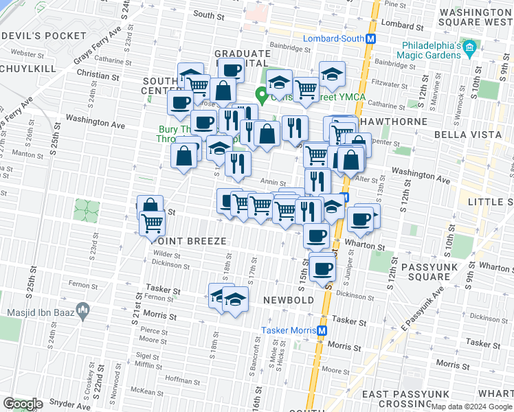 map of restaurants, bars, coffee shops, grocery stores, and more near 1711 Latona Street in Philadelphia