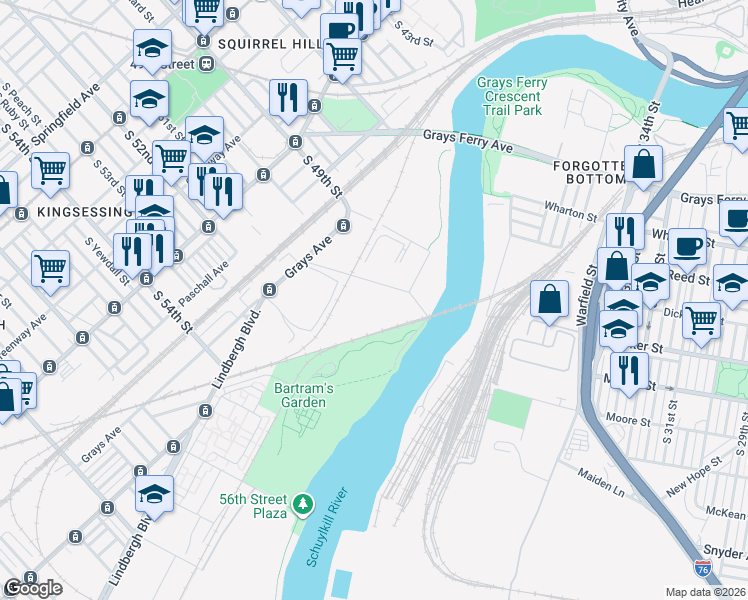 map of restaurants, bars, coffee shops, grocery stores, and more near 1650 S 51st St in Philadelphia