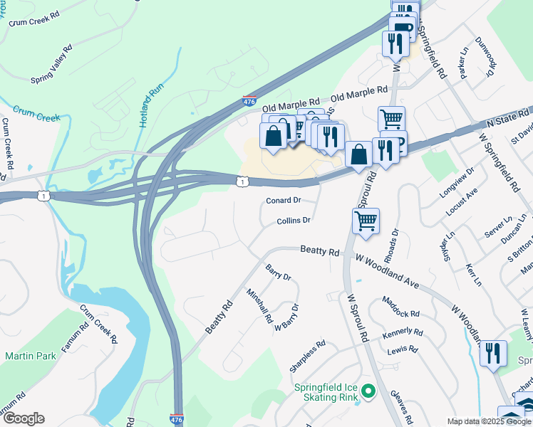 map of restaurants, bars, coffee shops, grocery stores, and more near 467 Conard Drive in Springfield