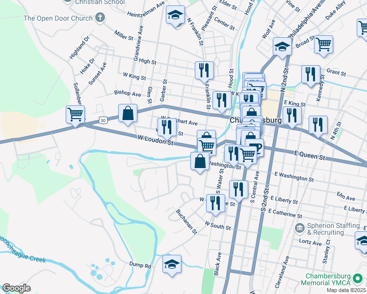map of restaurants, bars, coffee shops, grocery stores, and more near 362 West Loudon Street in Chambersburg