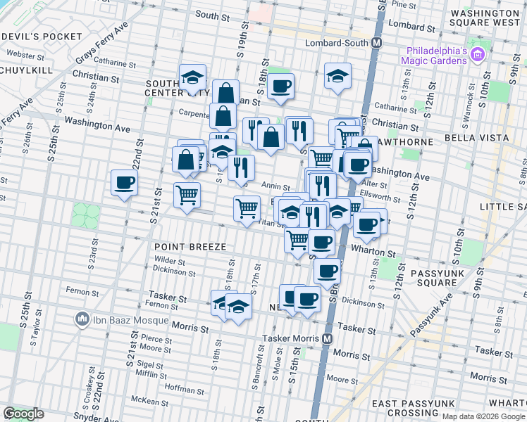 map of restaurants, bars, coffee shops, grocery stores, and more near 1708 Manton Street in Philadelphia