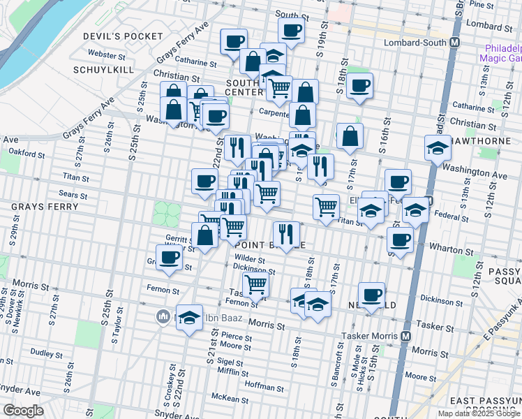 map of restaurants, bars, coffee shops, grocery stores, and more near 2004 Titan Street in Philadelphia