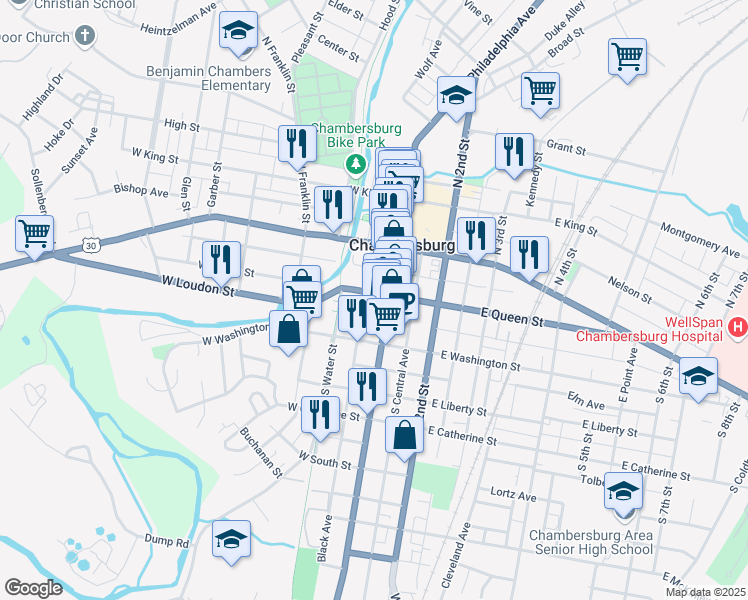 map of restaurants, bars, coffee shops, grocery stores, and more near 26 West Queen Street in Chambersburg