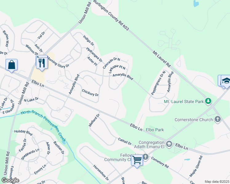 map of restaurants, bars, coffee shops, grocery stores, and more near 933 Larkspur Place North in Mount Laurel Township