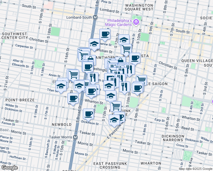 map of restaurants, bars, coffee shops, grocery stores, and more near 1211 Annin Street in Philadelphia