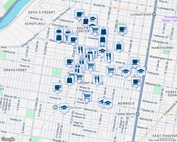 map of restaurants, bars, coffee shops, grocery stores, and more near 2004 Titan Street in Philadelphia