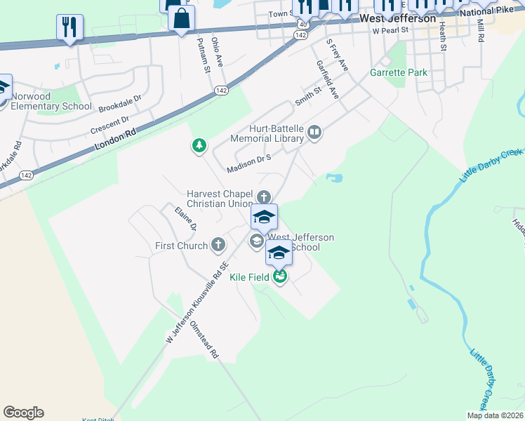 map of restaurants, bars, coffee shops, grocery stores, and more near 530 West Jefferson Kiousville Road Southeast in West Jefferson