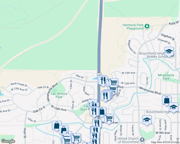 map of restaurants, bars, coffee shops, grocery stores, and more near 2189 Sunridge Circle in Broomfield