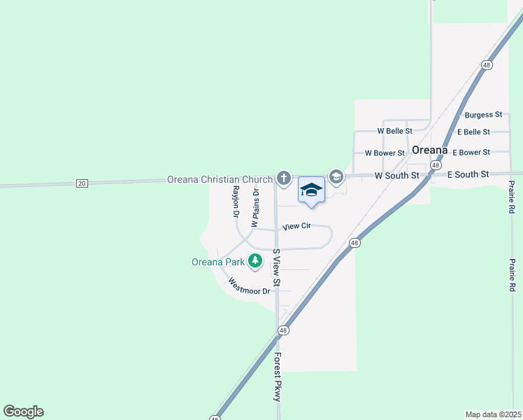 map of restaurants, bars, coffee shops, grocery stores, and more near 201-299 W Plains Dr in Oreana