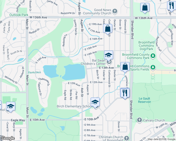 map of restaurants, bars, coffee shops, grocery stores, and more near 1304 Aspen Street in Broomfield