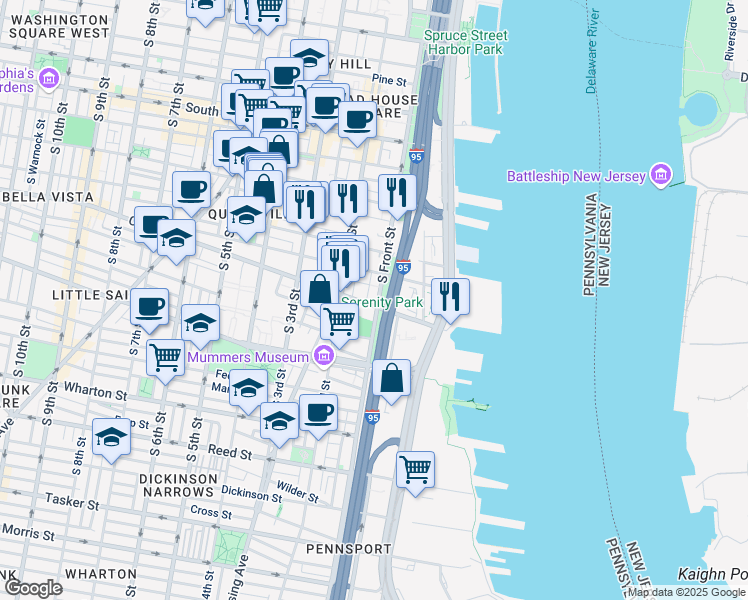 map of restaurants, bars, coffee shops, grocery stores, and more near 854 South Front Street in Philadelphia