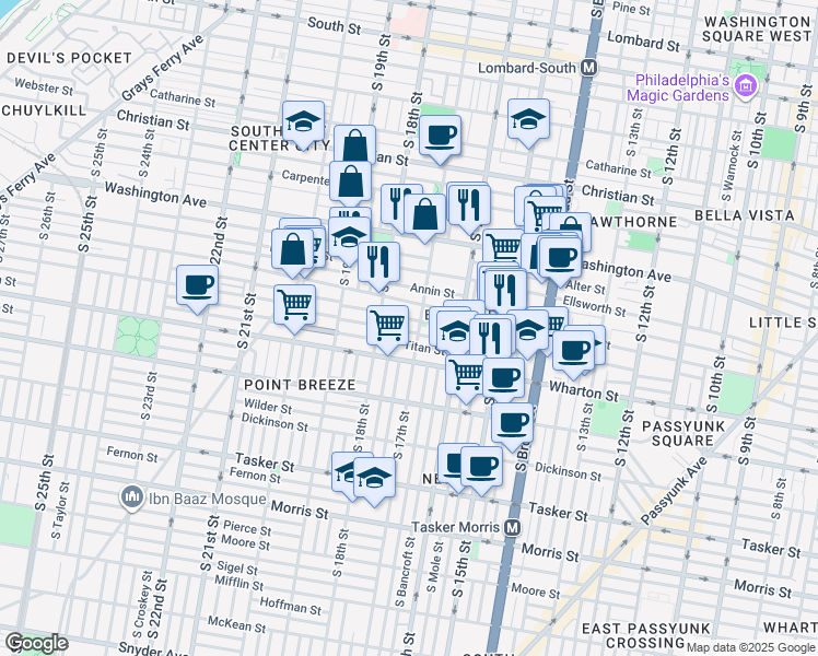map of restaurants, bars, coffee shops, grocery stores, and more near 1711 Latona Street in Philadelphia