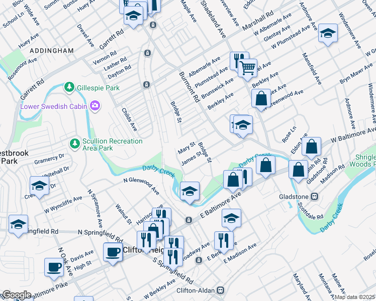 map of restaurants, bars, coffee shops, grocery stores, and more near 3922 Mary Street in Drexel Hill