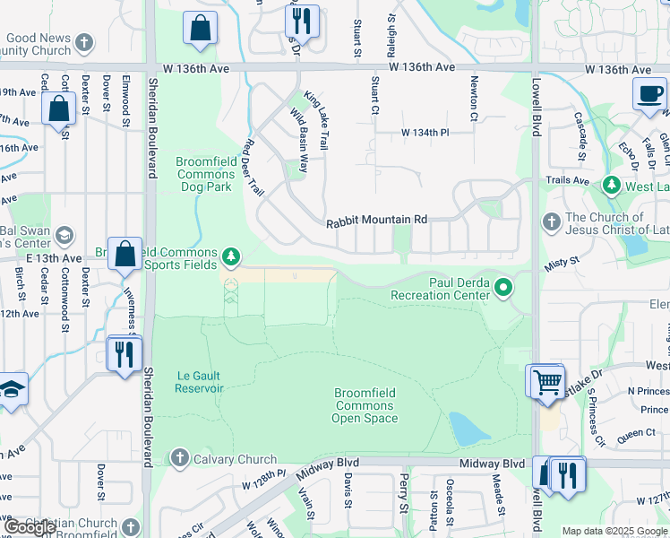 map of restaurants, bars, coffee shops, grocery stores, and more near Broomfield County Commons Drive in Broomfield