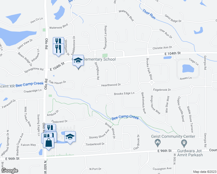map of restaurants, bars, coffee shops, grocery stores, and more near 10157 Forest Meadow Circle in Fortville