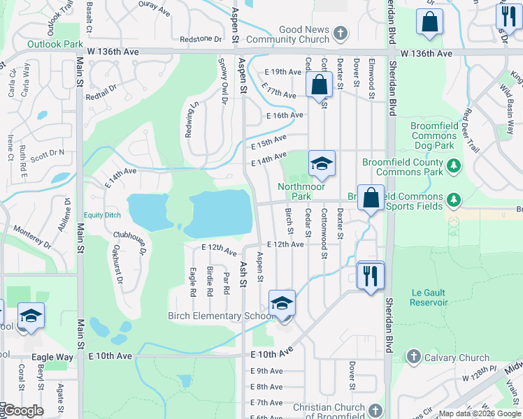 map of restaurants, bars, coffee shops, grocery stores, and more near 1304 Aspen Street in Broomfield