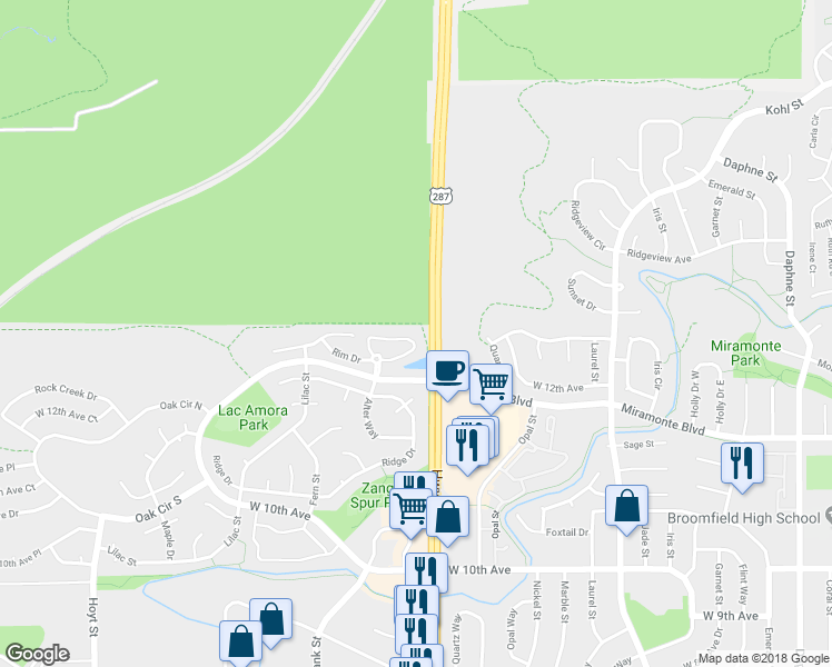 map of restaurants, bars, coffee shops, grocery stores, and more near 2145 Sunridge Circle in Broomfield