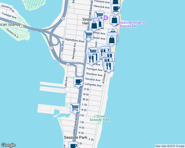 map of restaurants, bars, coffee shops, grocery stores, and more near 1901 Ocean Boulevard in Seaside Park