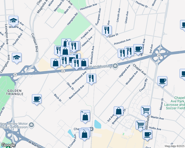 map of restaurants, bars, coffee shops, grocery stores, and more near 646 Kenilworth Avenue in Cherry Hill
