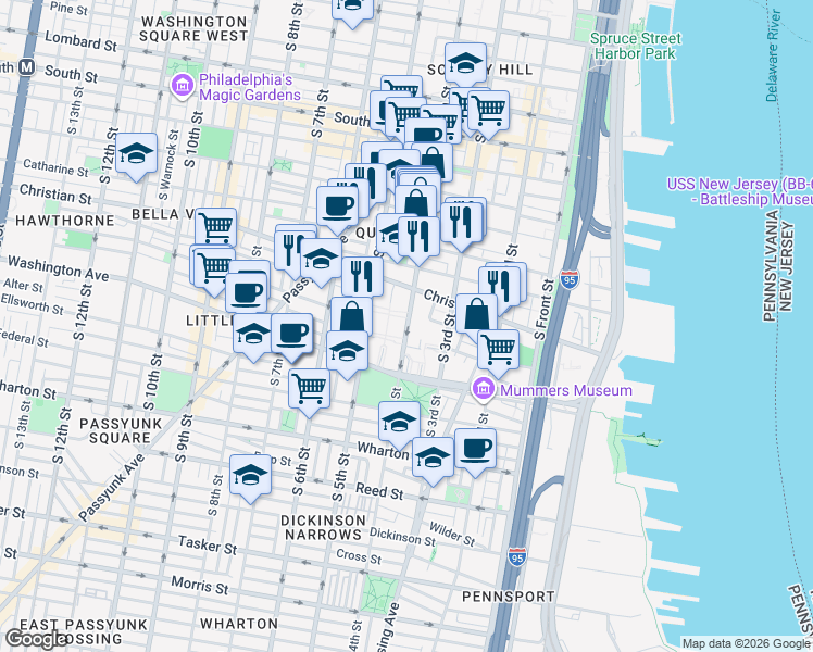 map of restaurants, bars, coffee shops, grocery stores, and more near 924 South Orianna Street in Philadelphia