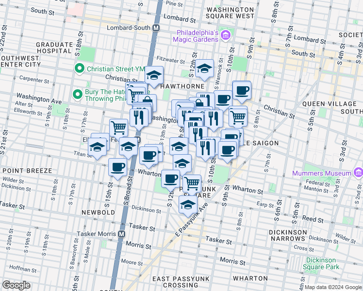 map of restaurants, bars, coffee shops, grocery stores, and more near 1202 Ellsworth Street in Philadelphia