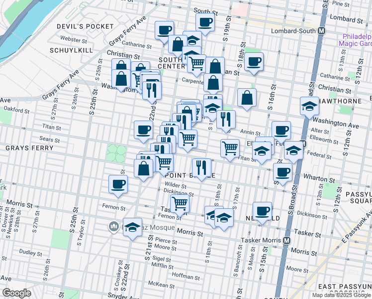 map of restaurants, bars, coffee shops, grocery stores, and more near 1236 South 20th Street in Philadelphia