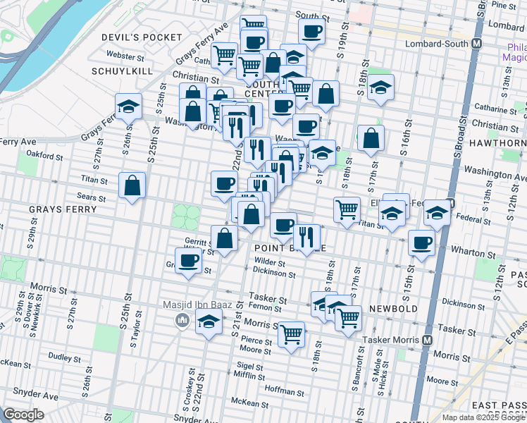 map of restaurants, bars, coffee shops, grocery stores, and more near 2042 Titan Street in Philadelphia