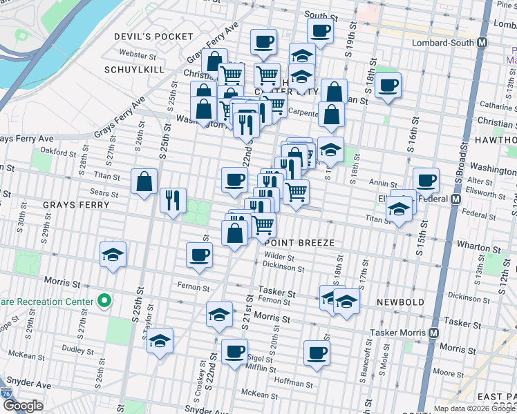 map of restaurants, bars, coffee shops, grocery stores, and more near in Philadelphia